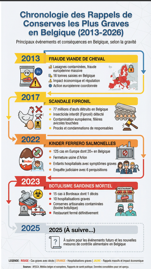 CHRONOLOGIE DES RAPPELS DE CONSERVES LES PLUS GRAVES EN BELGIQUE DE 2013 A 2026