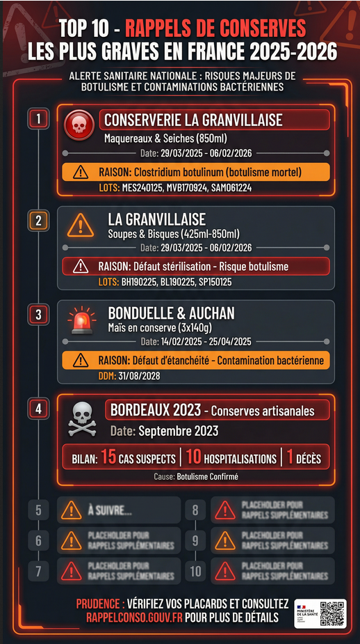 TOP 10 RAPPELS DE CONSERVES LES PLUS GRAVES EN FRANCE 2025-2026